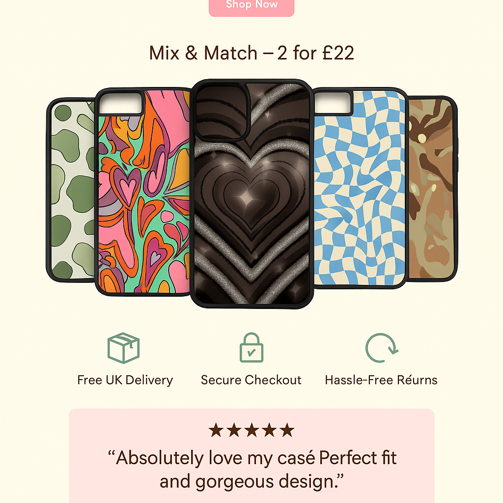 Collection of colorful phone cases with promotional text and icons on a white background