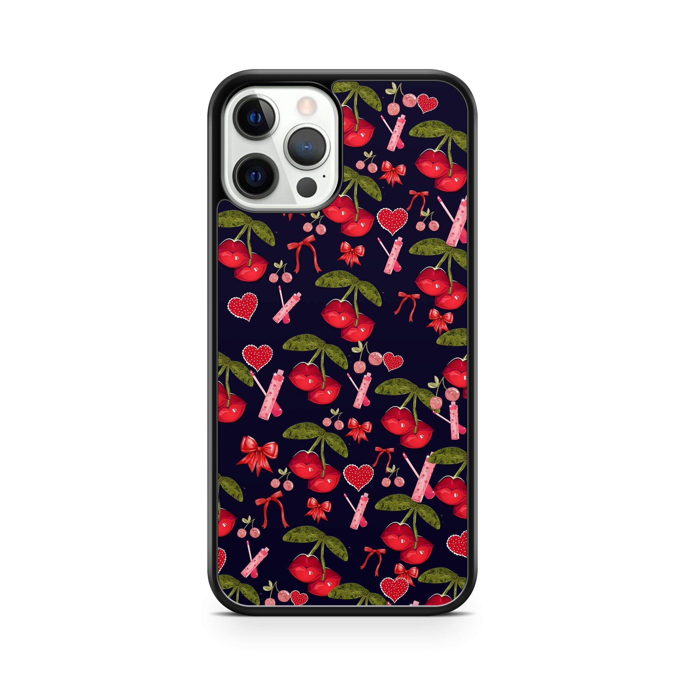 Red Cherry lips and hearts on a black background print on a phone case