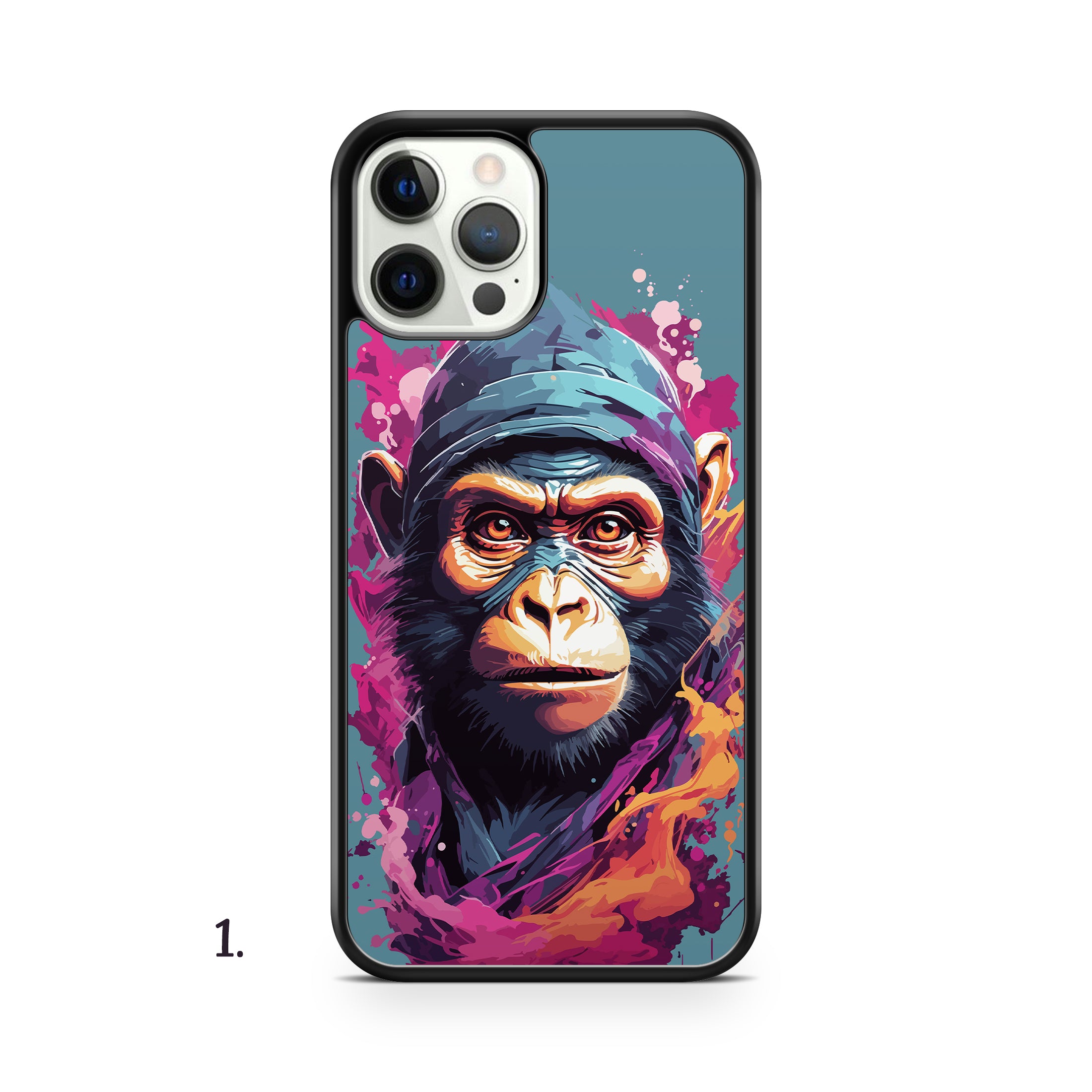 Phone case with a colorful monkey wearing a cap design on a blue background