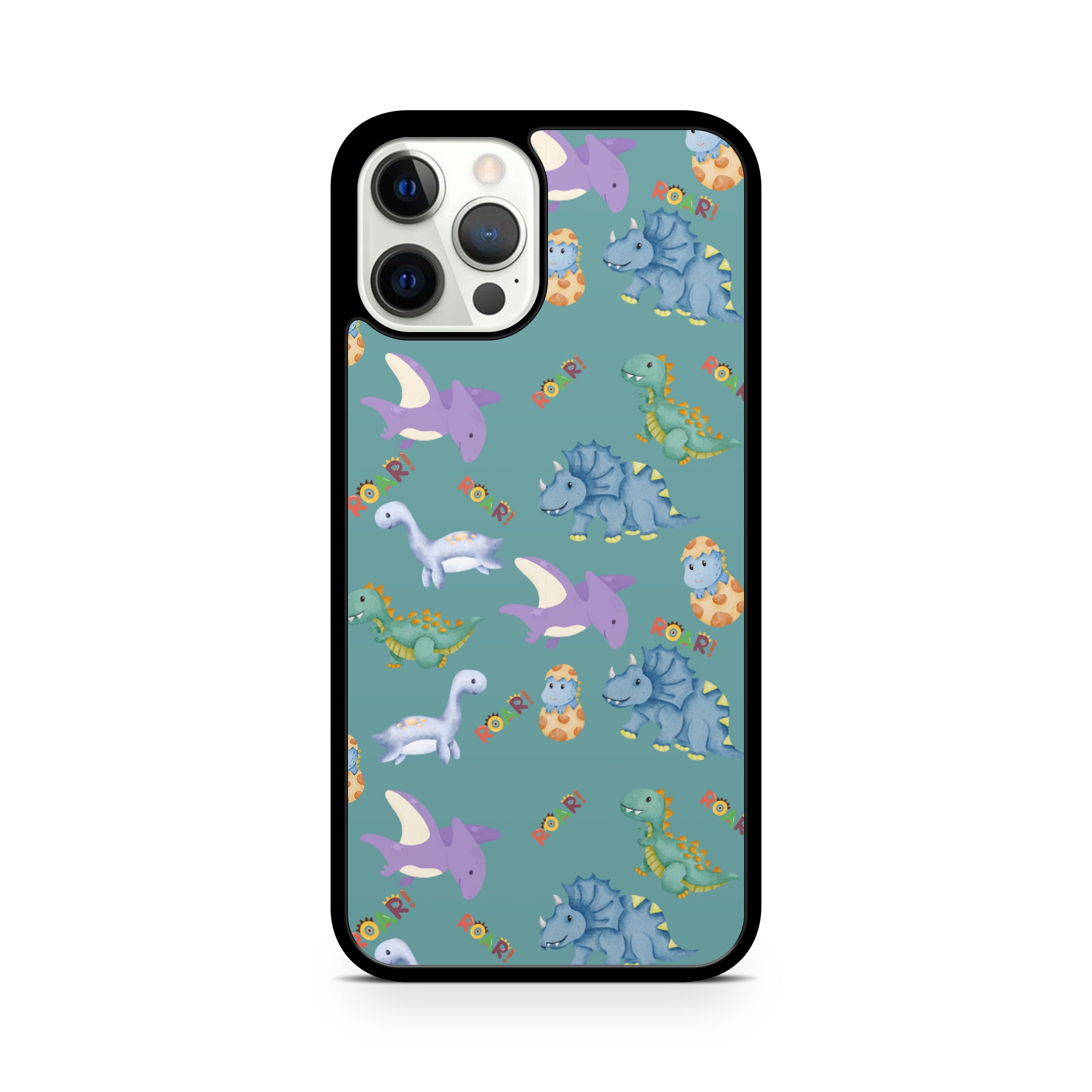 Phone case with dinosaur pattern on a teal background