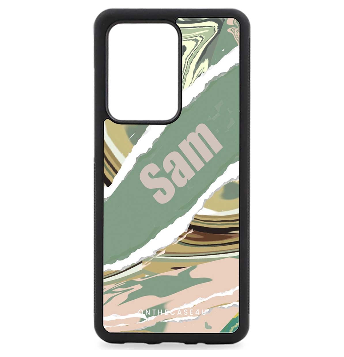 A Samsung phone case with a green camouflage pattern and the name 'Sam' printed on it.