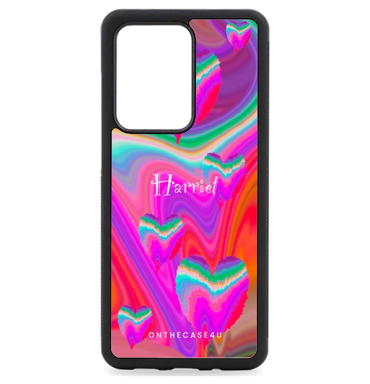 A multicolored phone case with a neon heart pattern and the name 'Harriet' printed on the back.