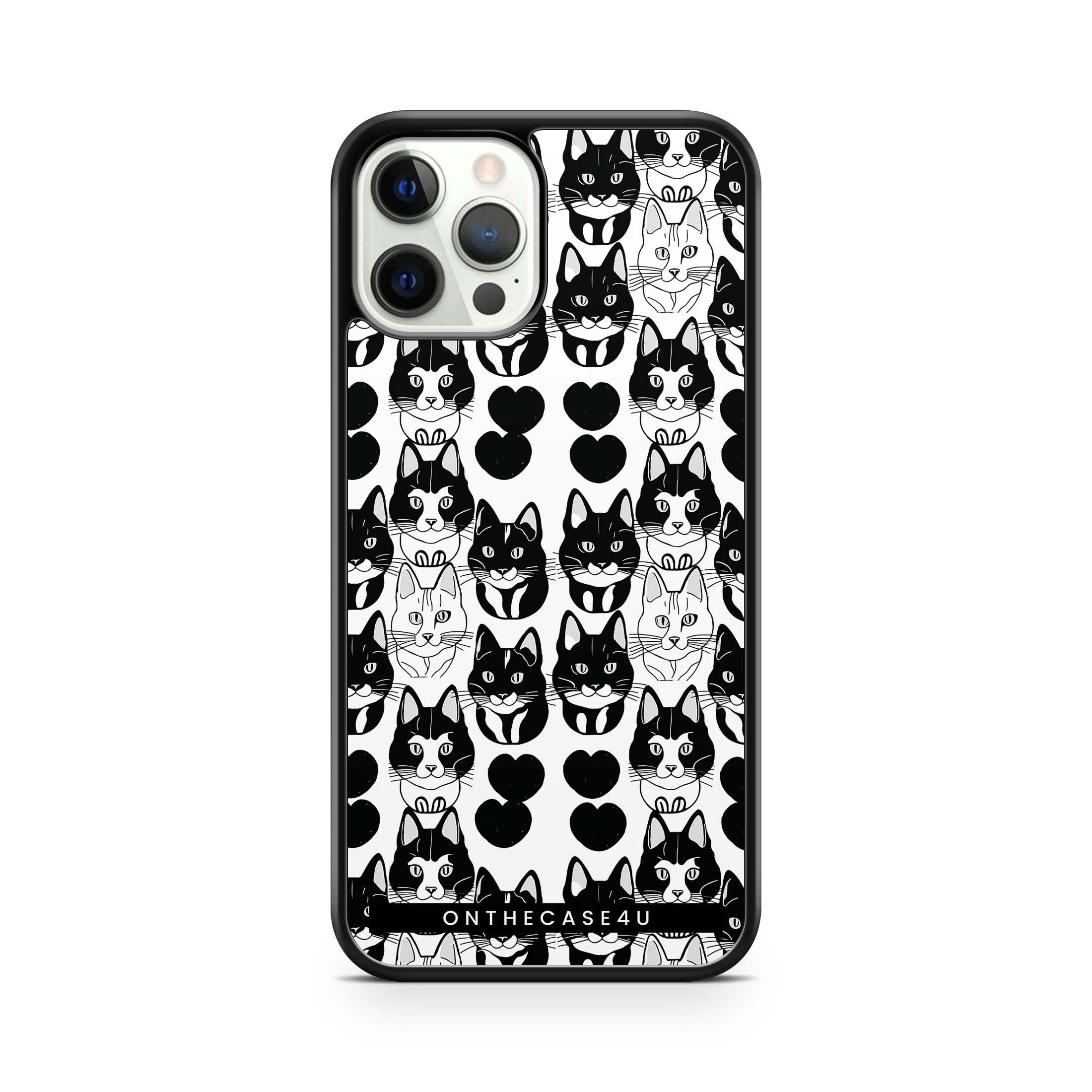 A black phone case with a pattern of cute kitten line art.