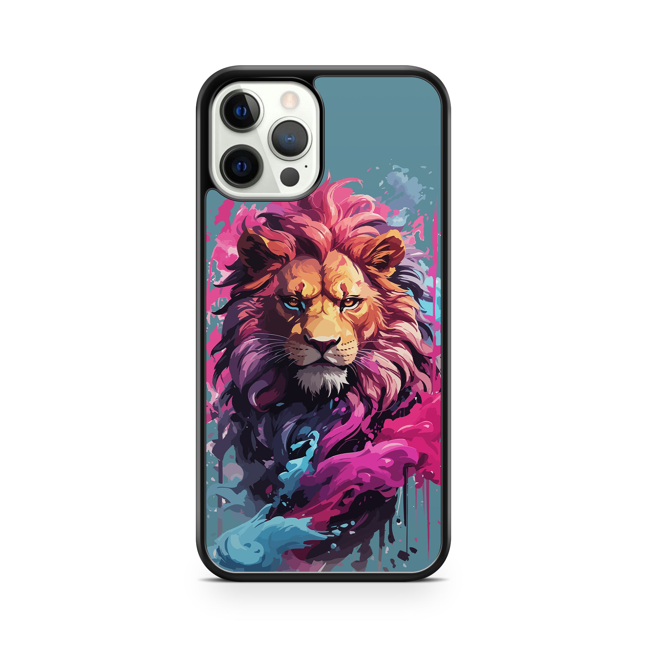 Phone case with a colorful lion design on a white background