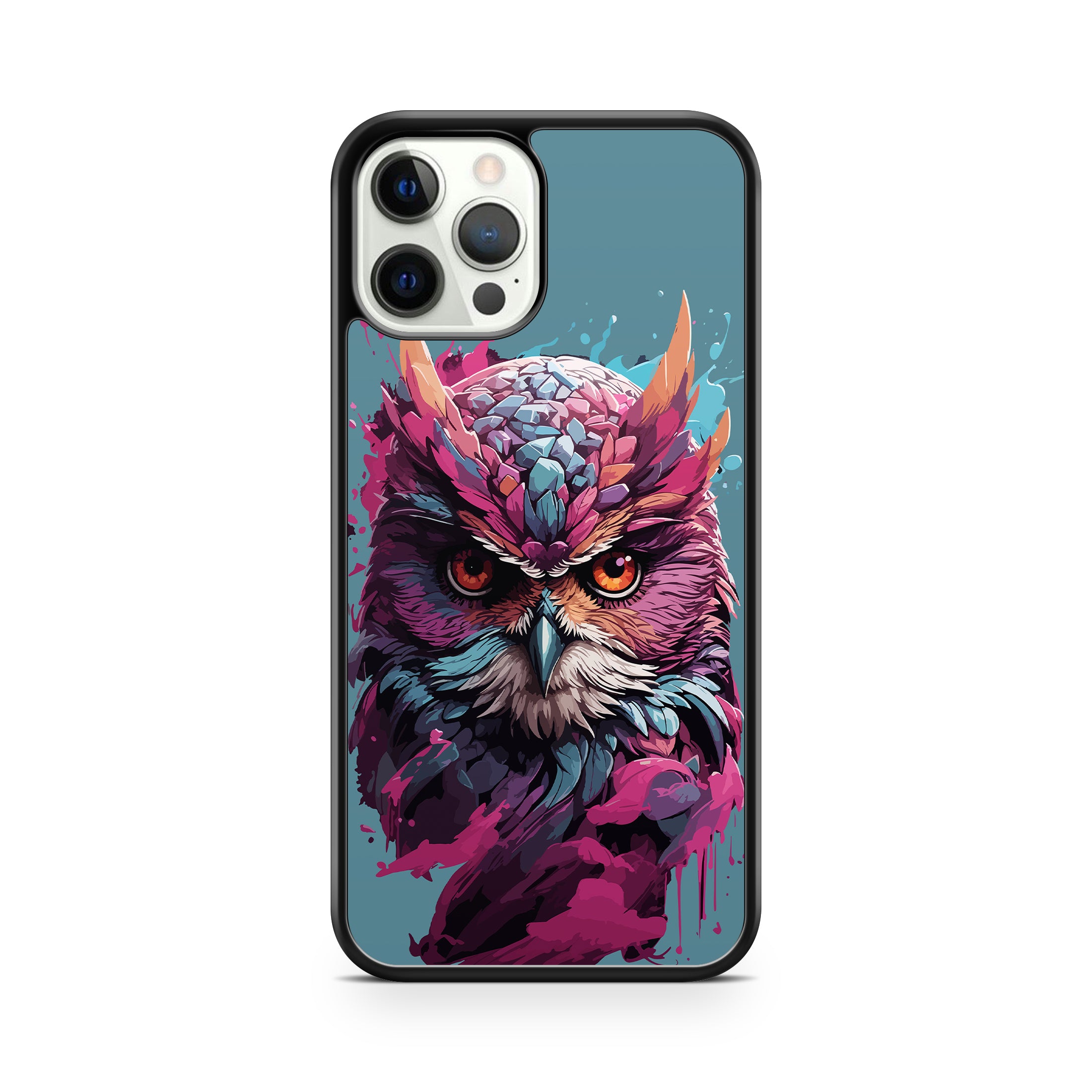 Phone case with a colorful owl design on a blue background