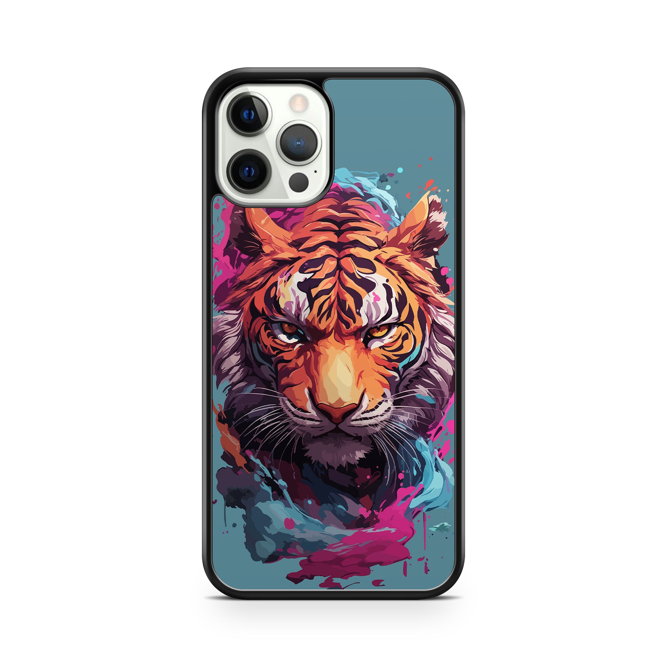Phone case with a colorful tiger design on a blue background