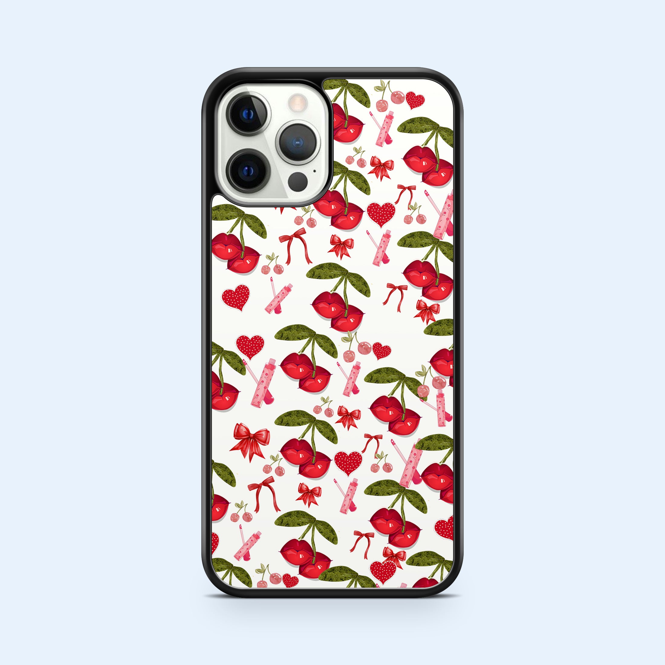 Red Cherry lips and hearts on a black background print on a phone case