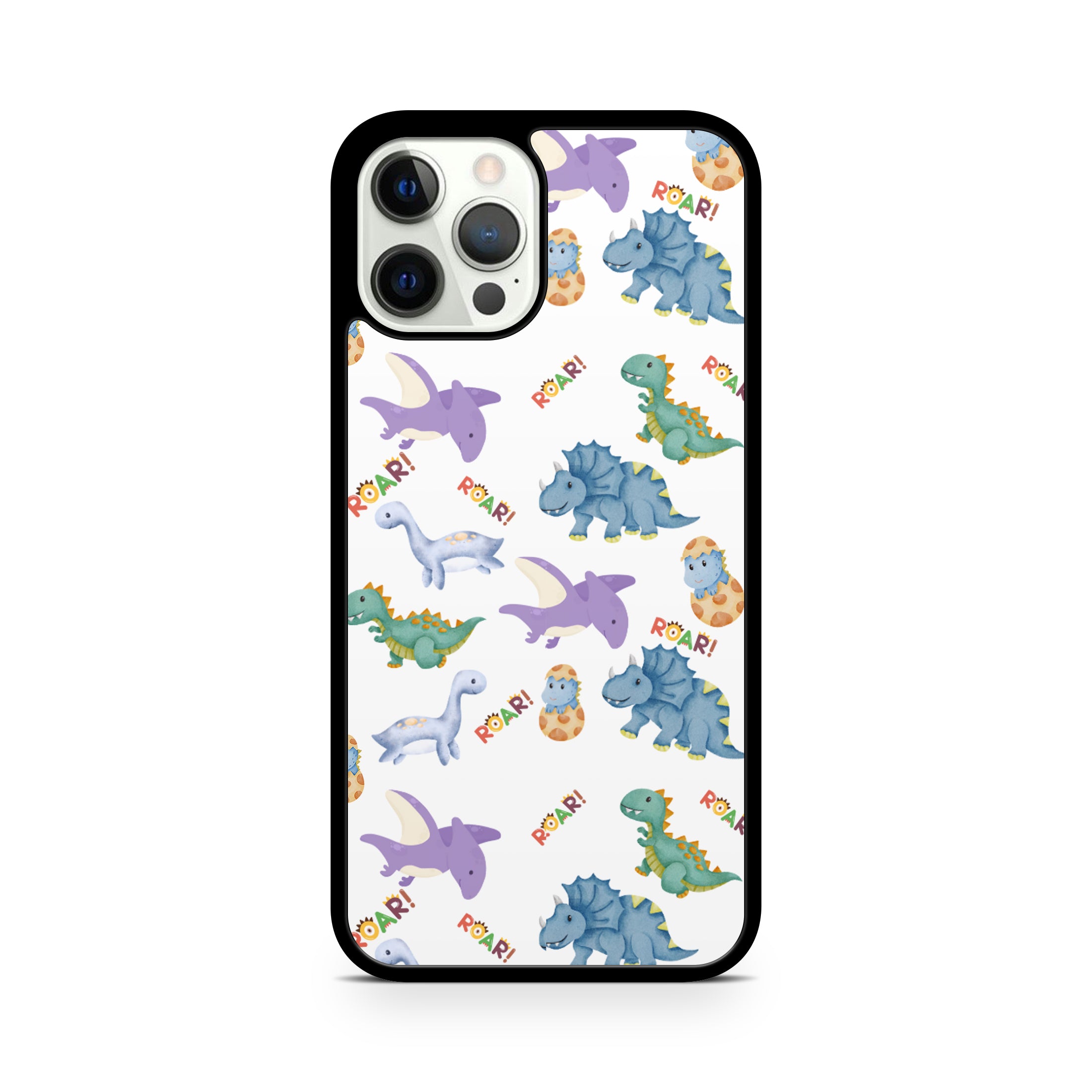 Phone case with colorful dinosaur pattern on a white background