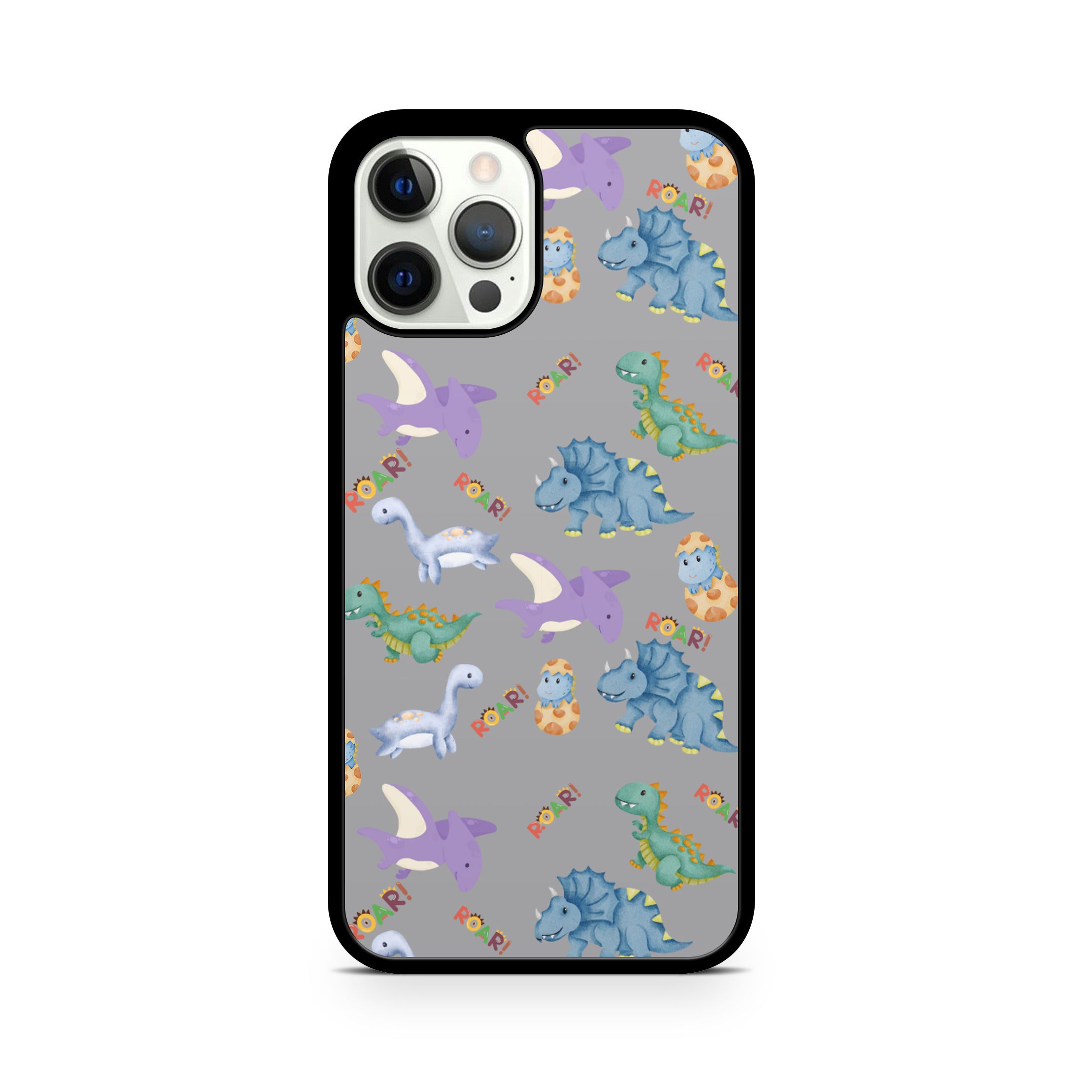 Phone case with colorful dinosaur pattern on a gray background