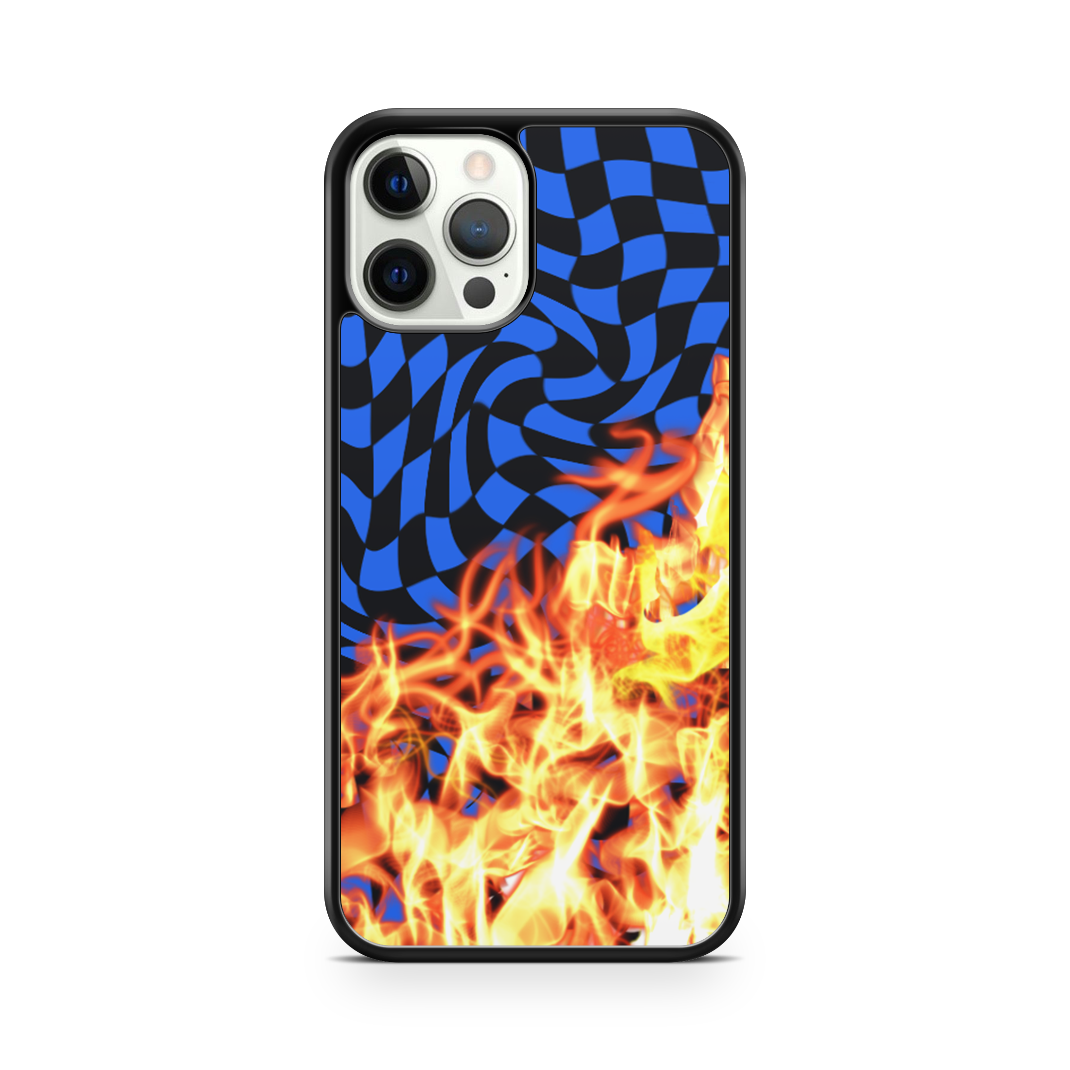 Checkered blue and black background with flames unique design phone case