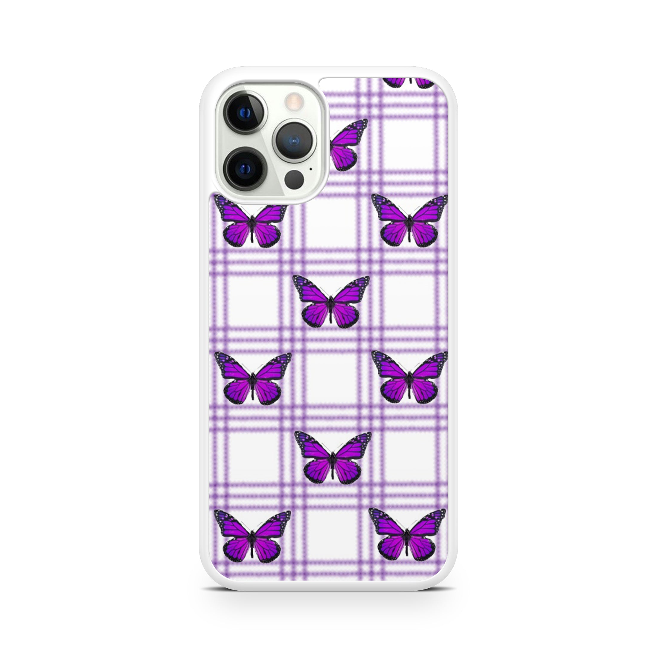Vibrant purple butterflies and checkered print iPhone case