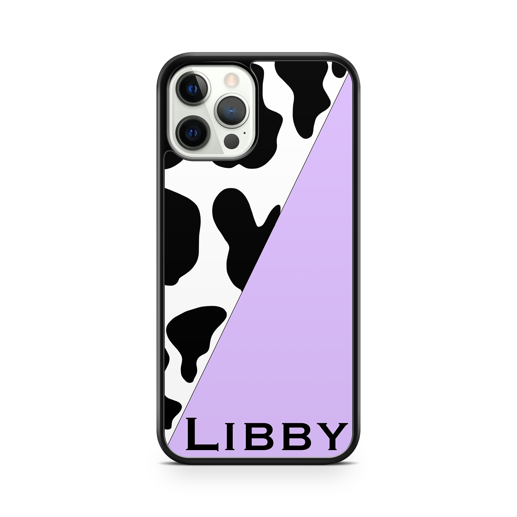 Cow print and lilac purple colour customised name phone case