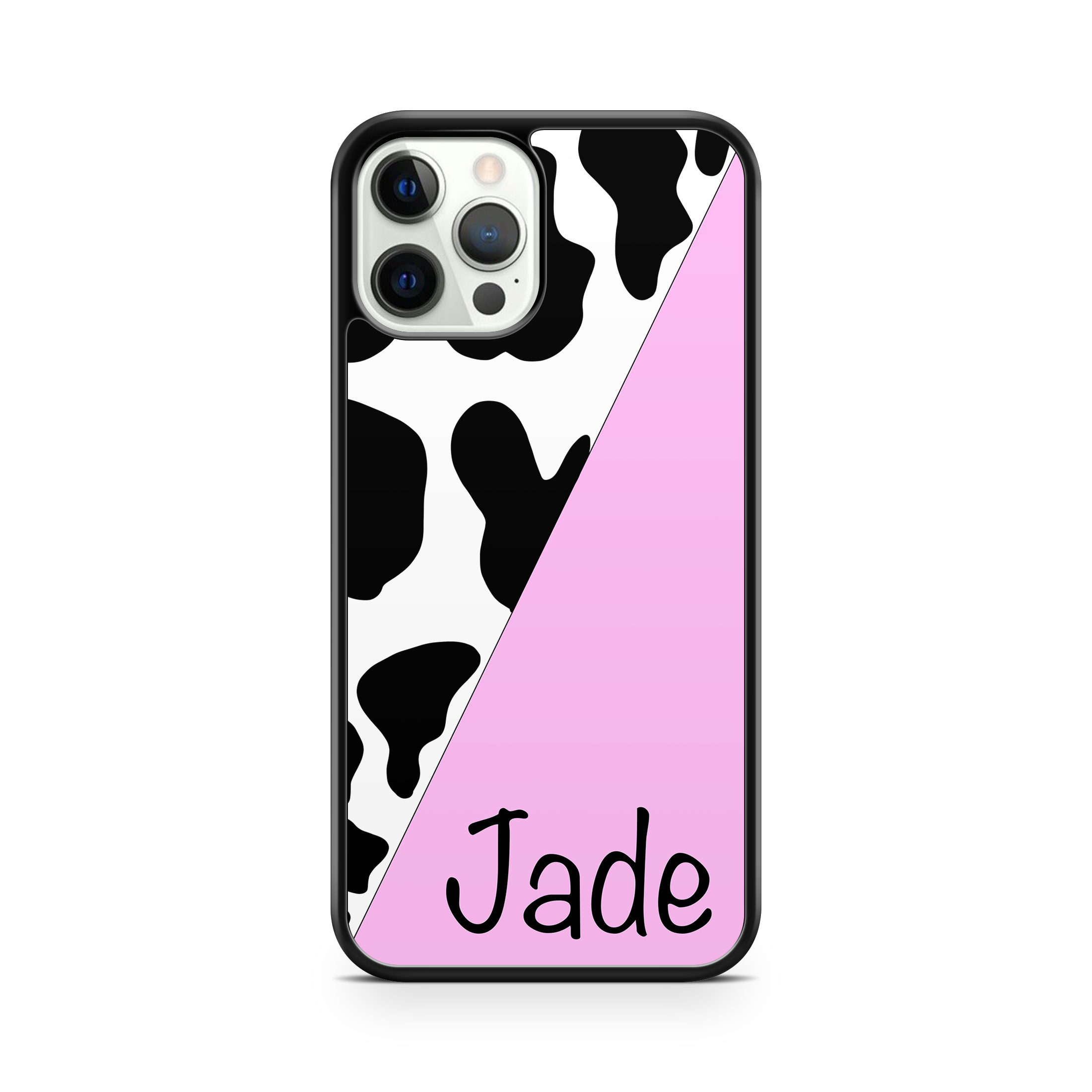 Cow print and light pink colour customised name phone case