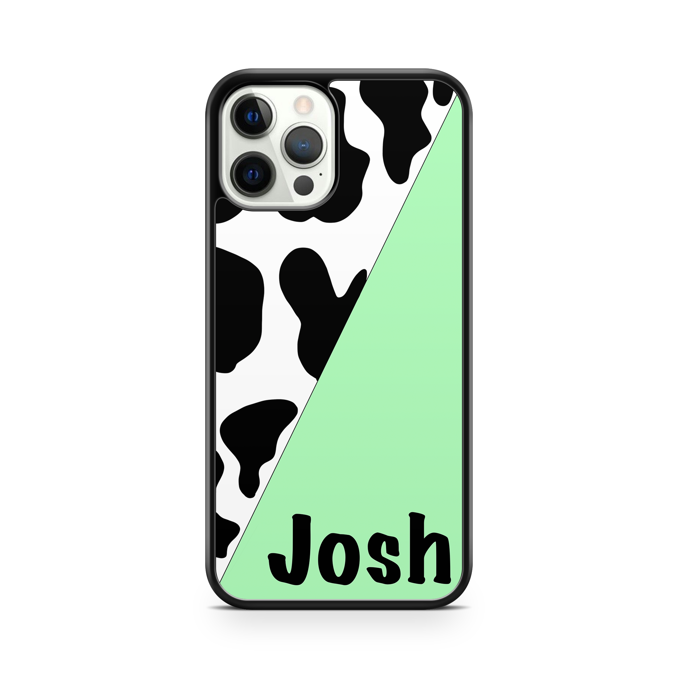 Cow print and  Green block colour customised name phone case