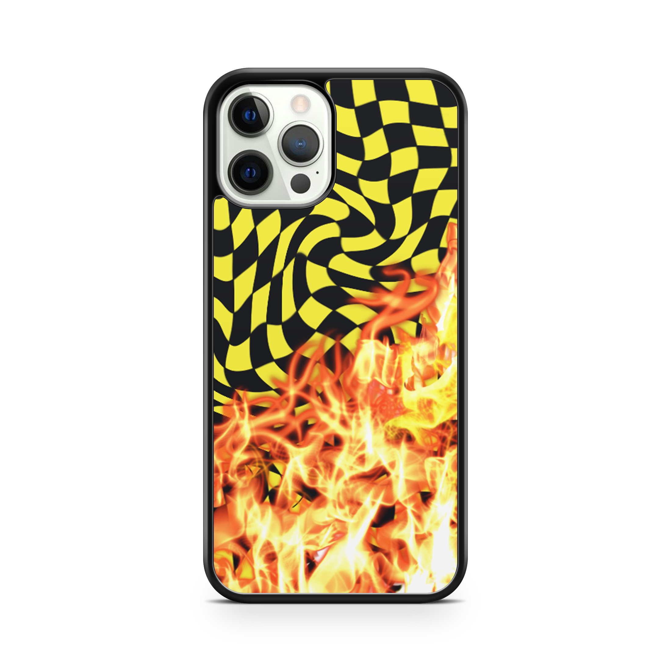 Checkered yellow and black design with flames phone case