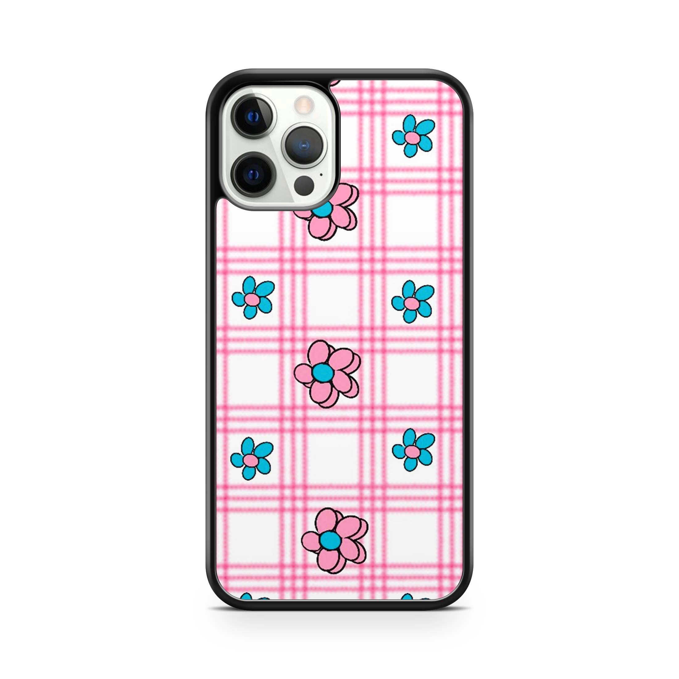 Pink checkered board print with blue and pink flowers phone case for iPhone