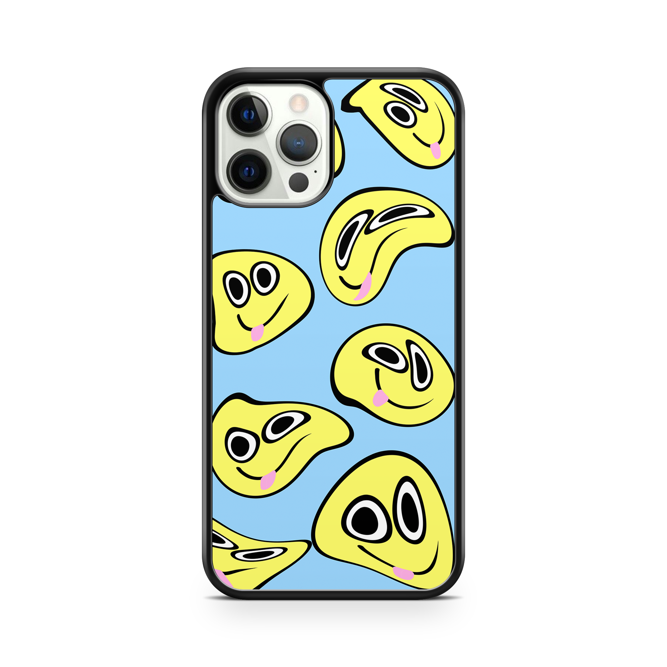 Yellow Smiley trippy faces on blue background iPhone case
