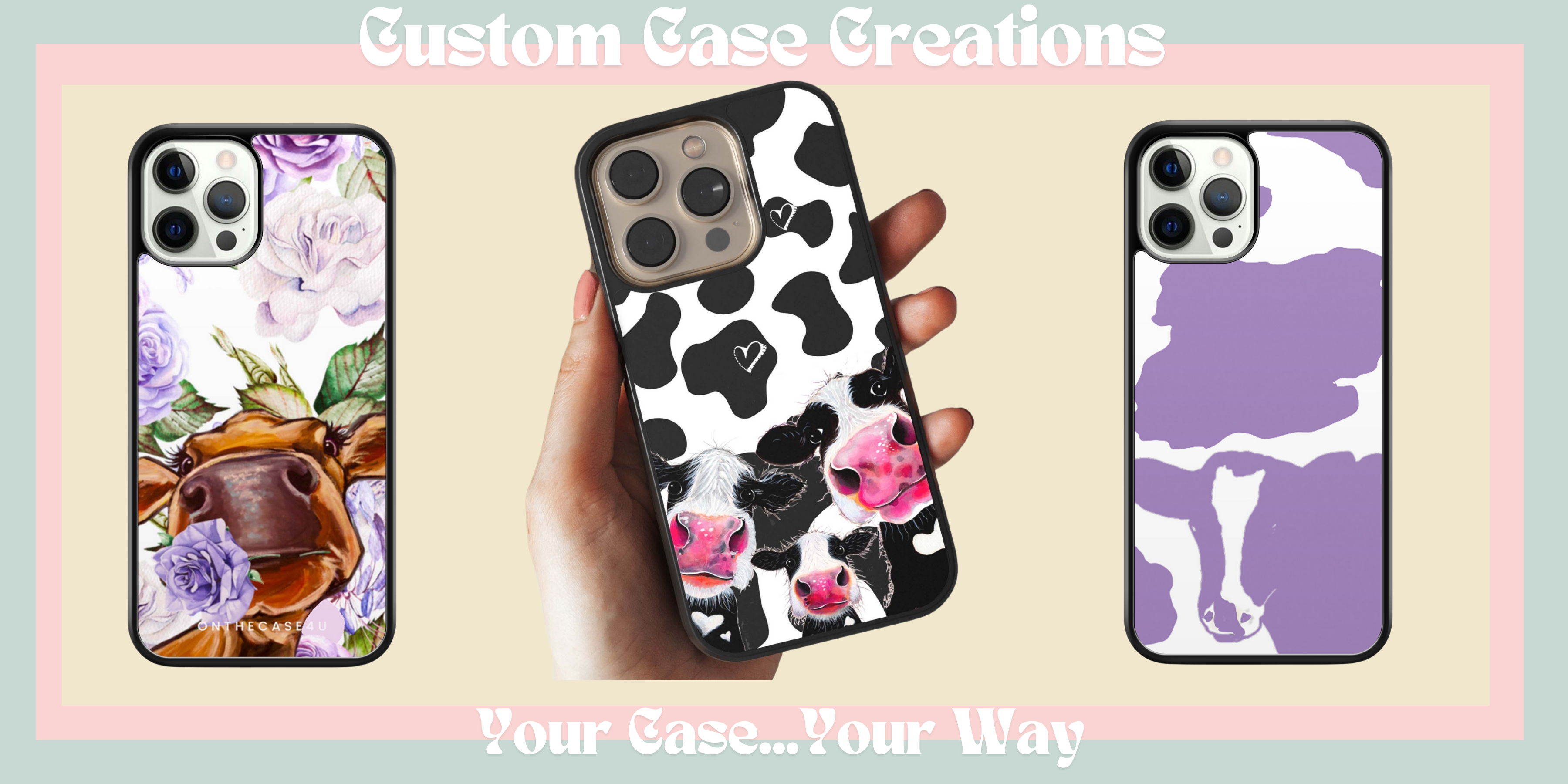 Custom printed cow-themed phone cases with floral, cartoon, and abstract cow print designs – unique and stylish phone accessories by Onthecase4u