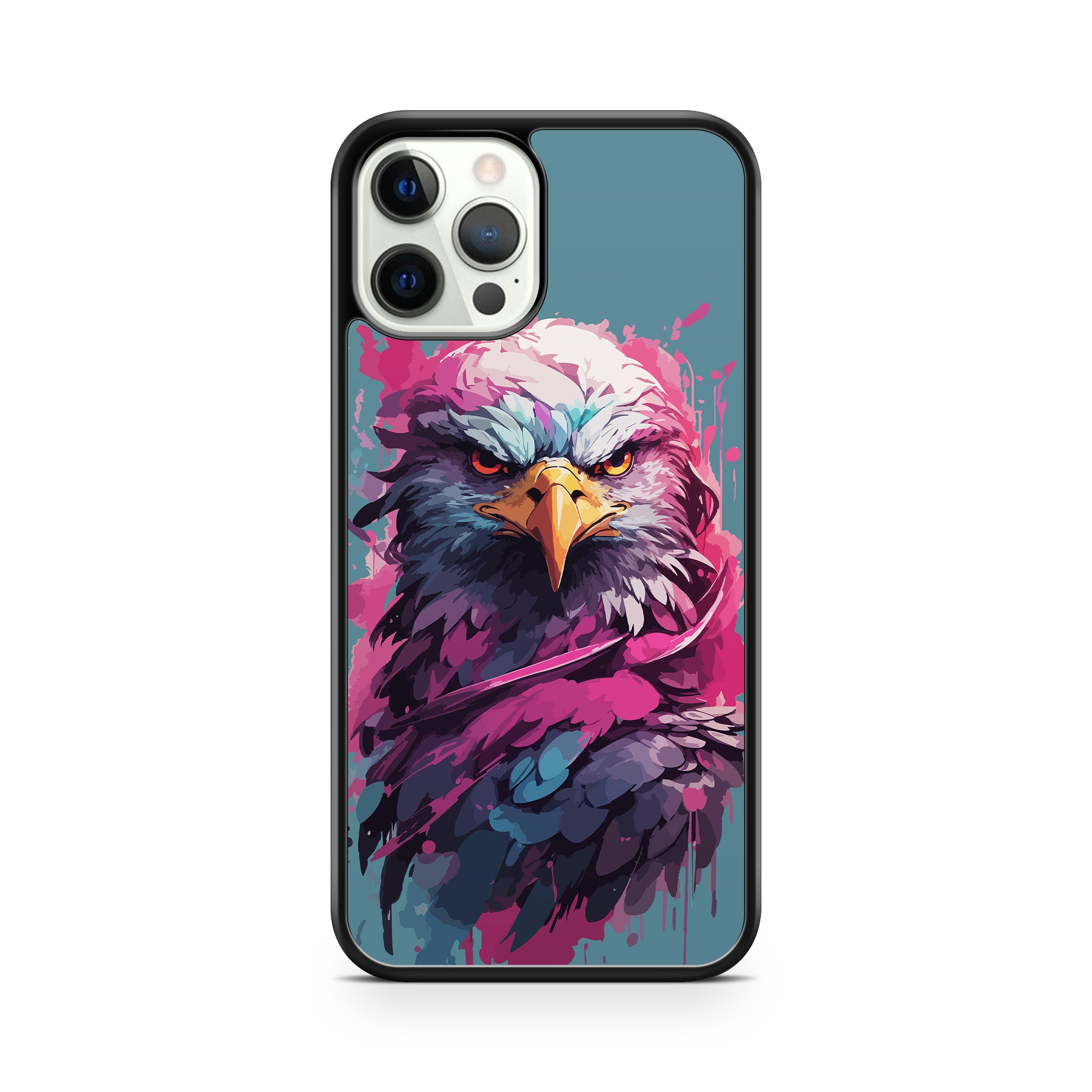 Phone case with a colorful eagle design on a blue background