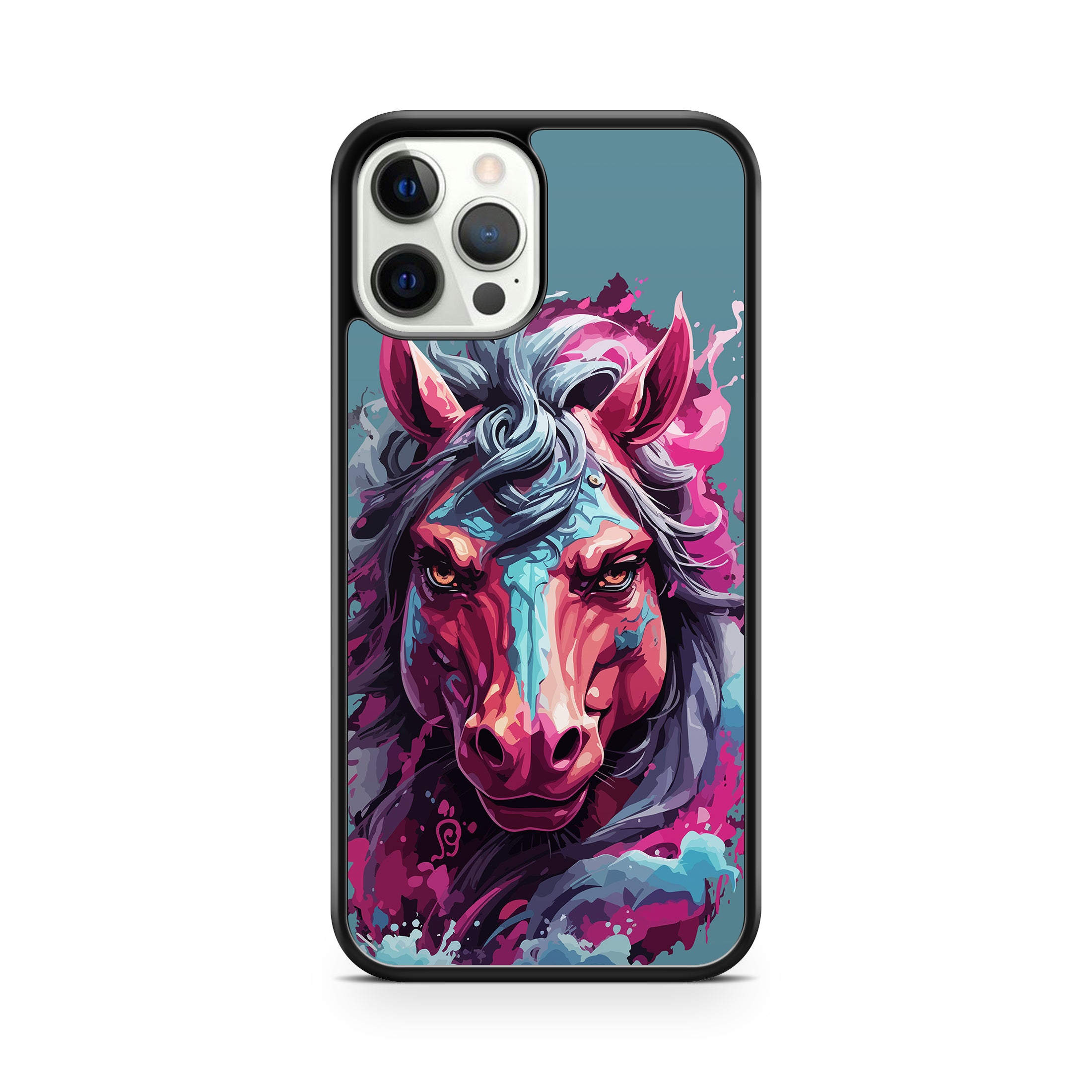 Phone case with a colorful unicorn design on a white background