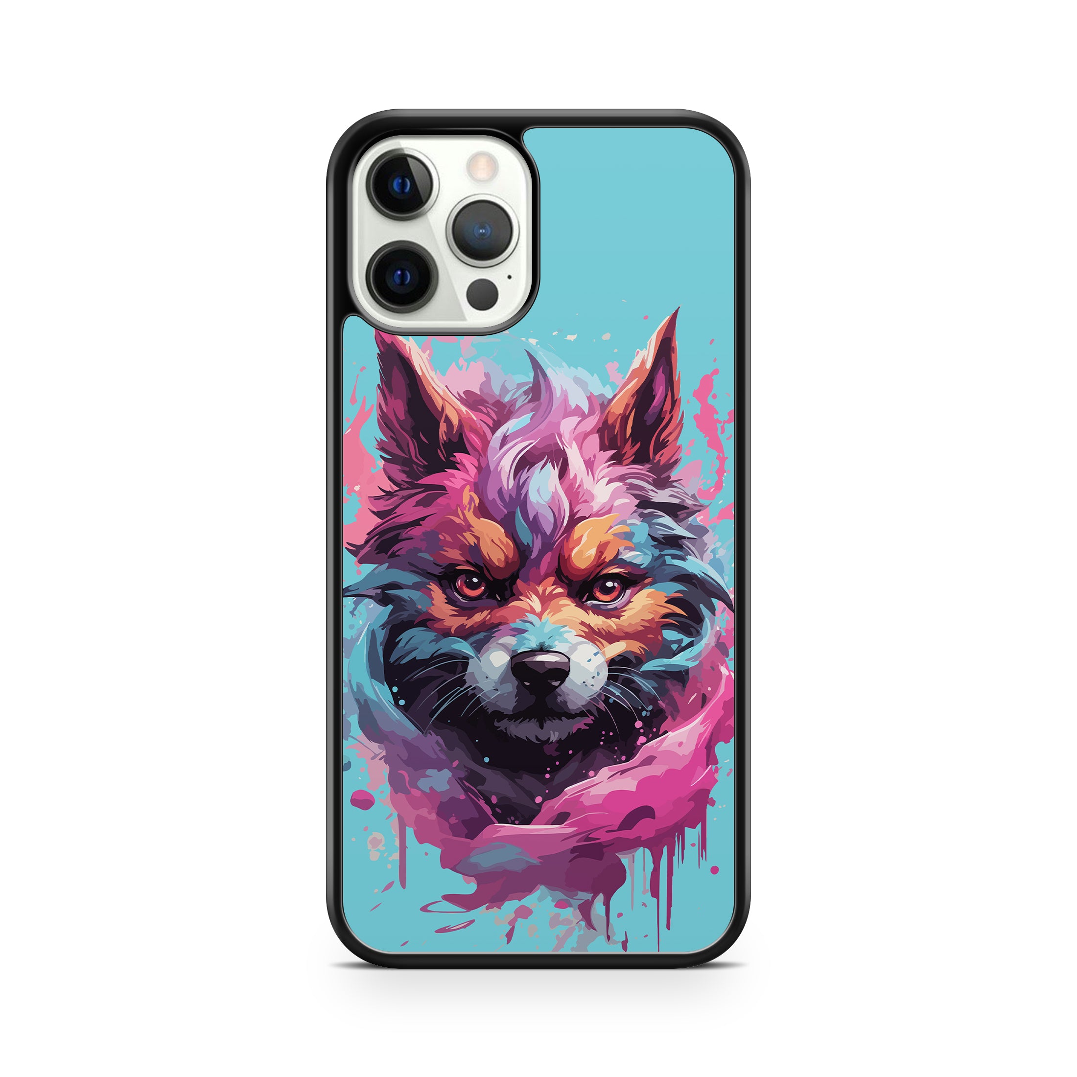 Phone case with a colorful wolf design on a blue background