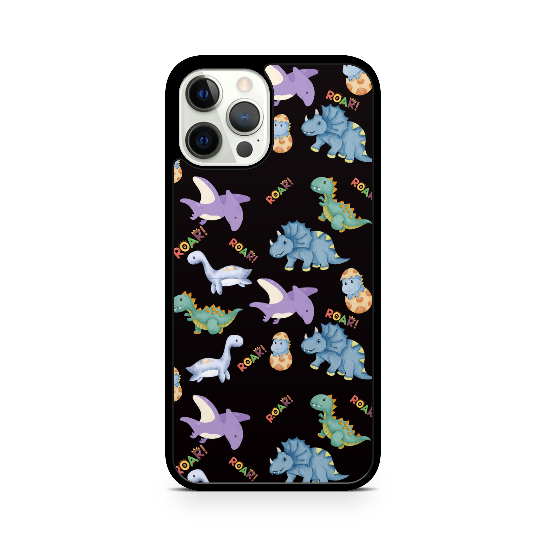 Phone case with colorful dinosaur illustrations on a black background