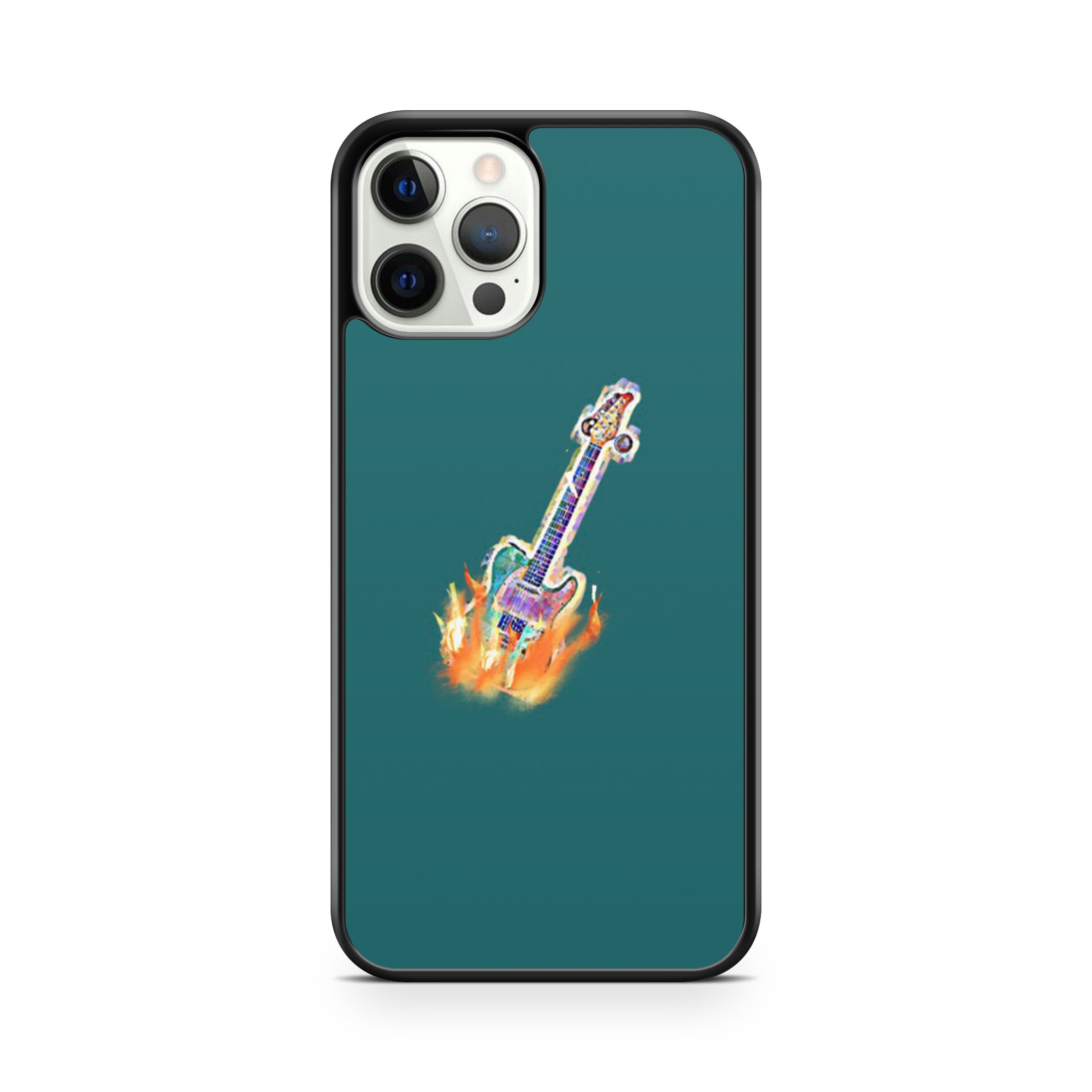 Phone case with picture of guitar on fire