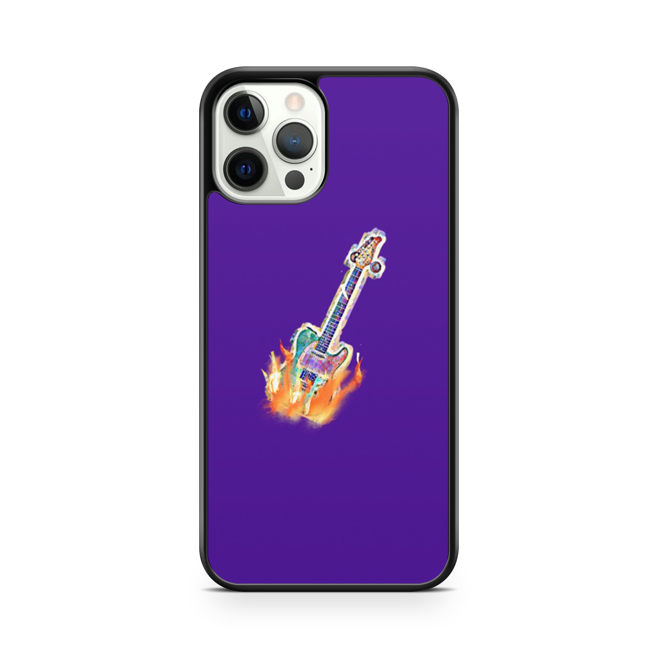 Purple phone case with guitar on fire