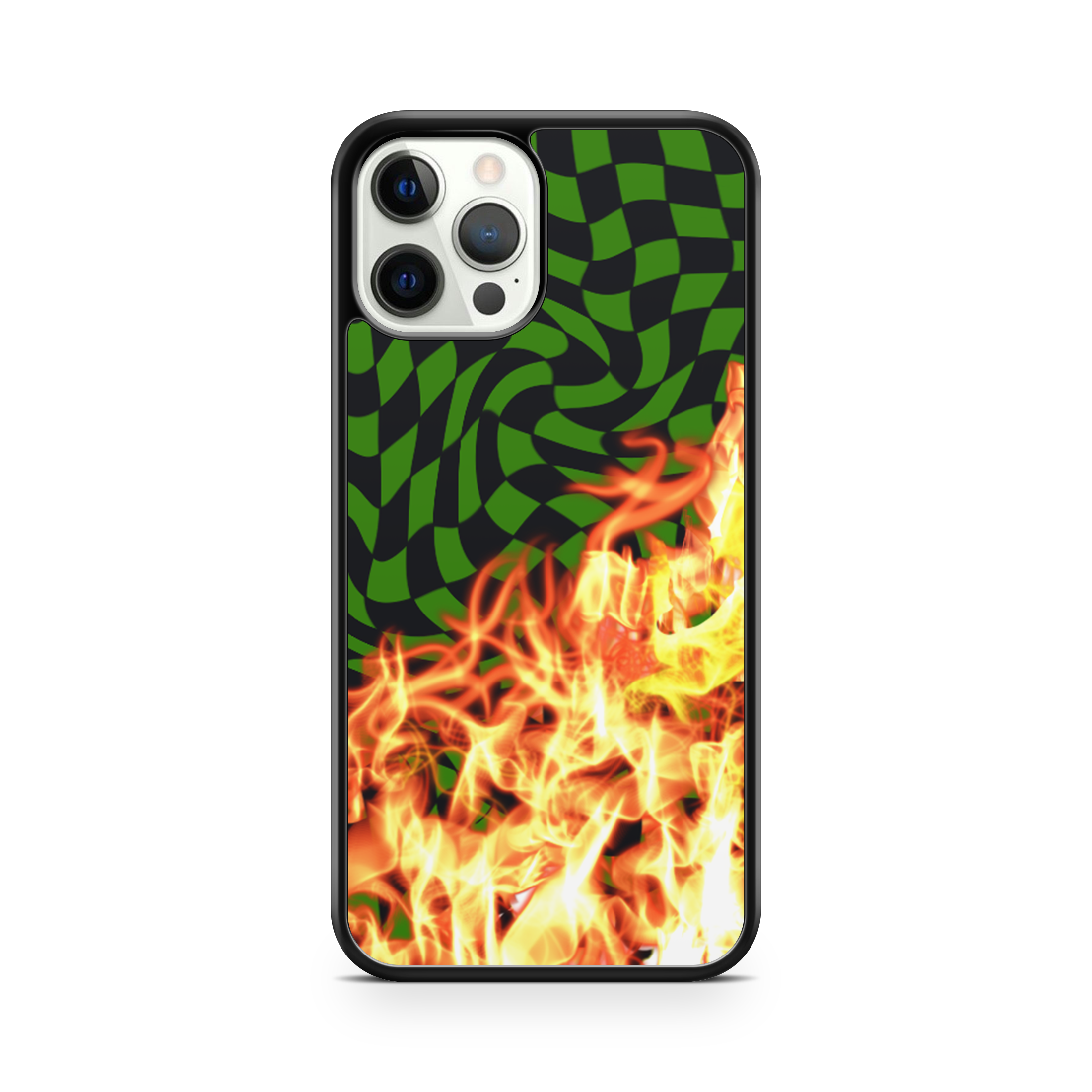 Racing green and black checkered design with orange flames phone case